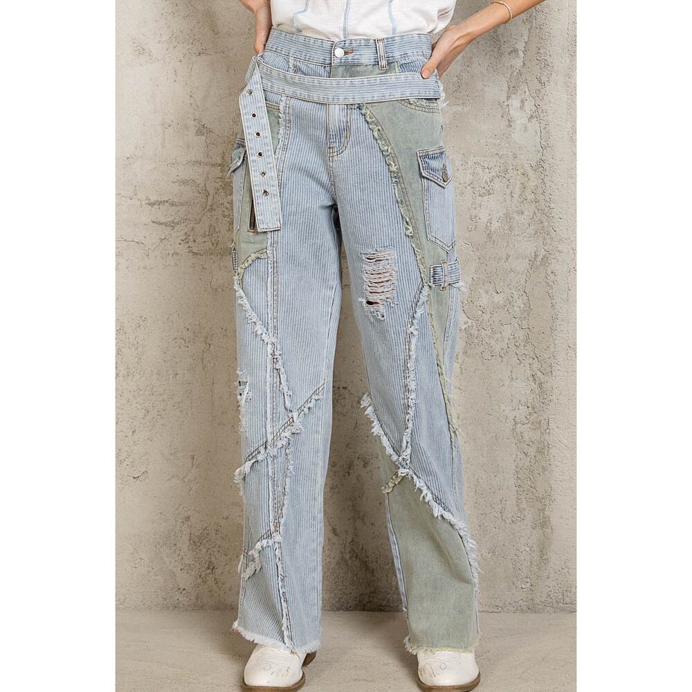 POL Striped Belted Frayed Seam Distressed Straight Denim High Waisted Jeans